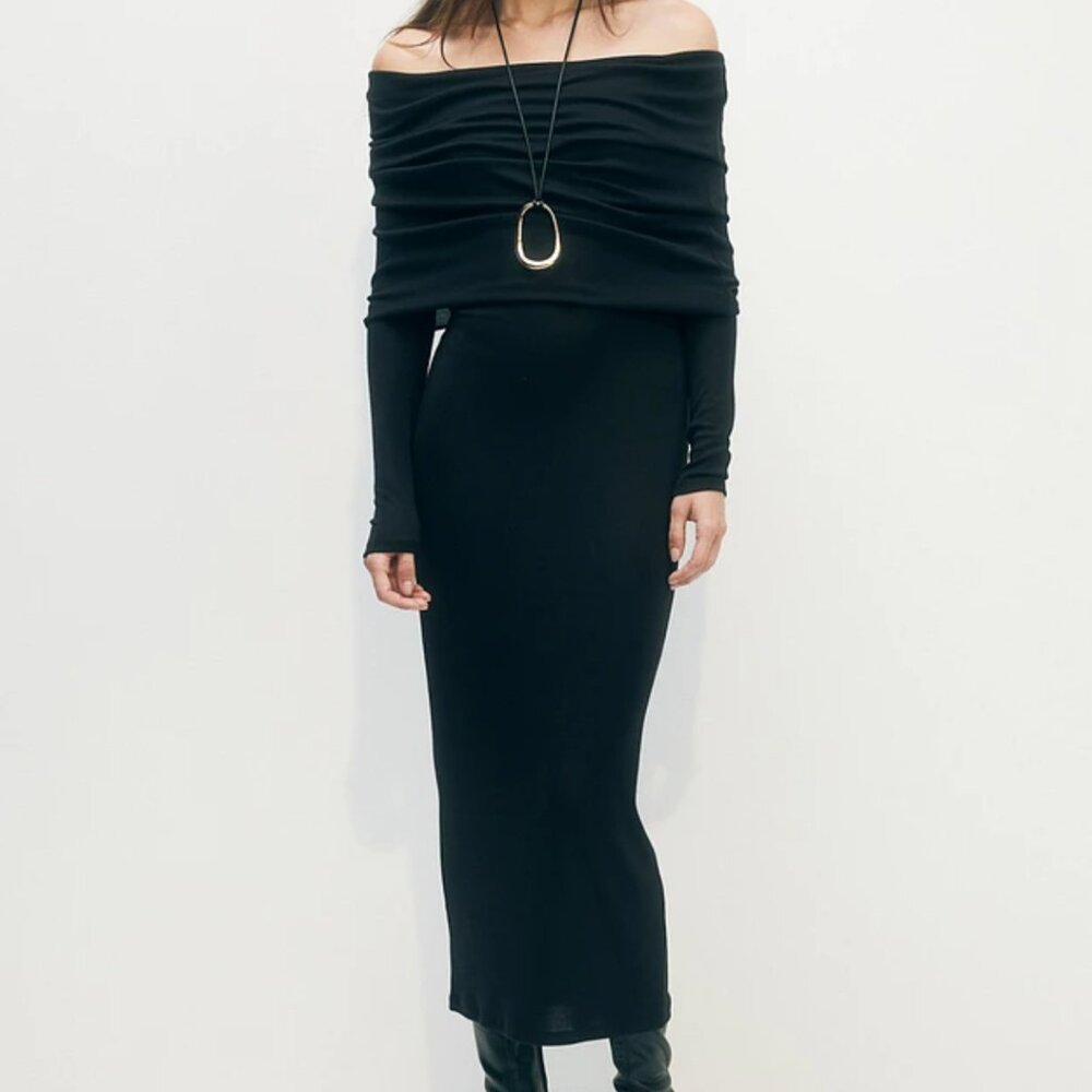 NWT H&M Off-The-Shoulder Black Midi Dress